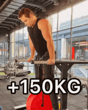a man in a black tank top is lifting a barbell in a gym with the words +150kg written above him