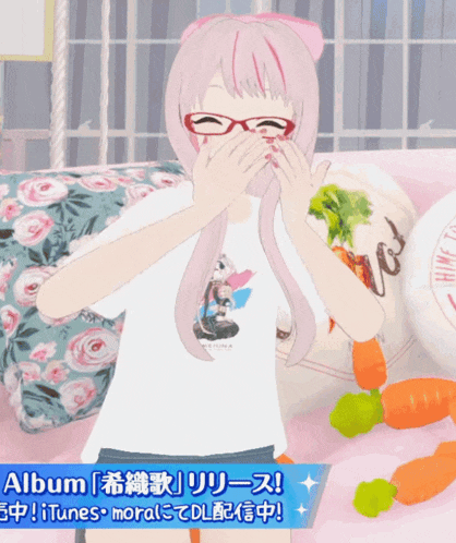 a girl with glasses is covering her mouth with her hands in front of a sign that says album