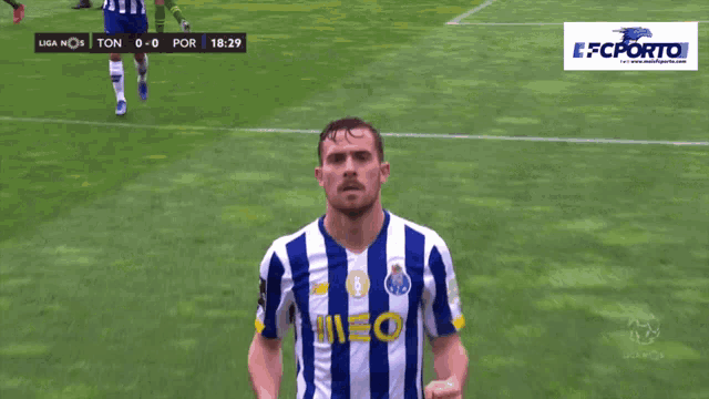 a man in a blue and white striped shirt stands on a green field