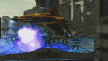 a group of soldiers are standing in front of a futuristic ship that says ' proton ' on the side