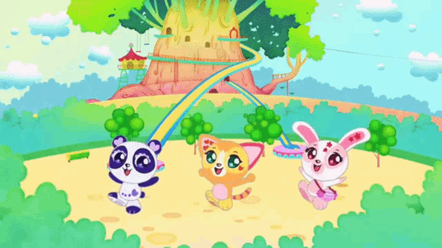 a cartoon drawing of a panda cat and bunny rabbit
