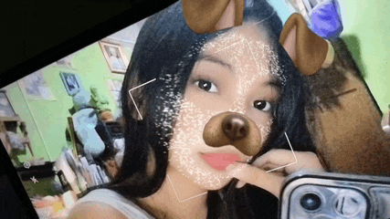 a girl is taking a selfie with a dog face mask on her face .