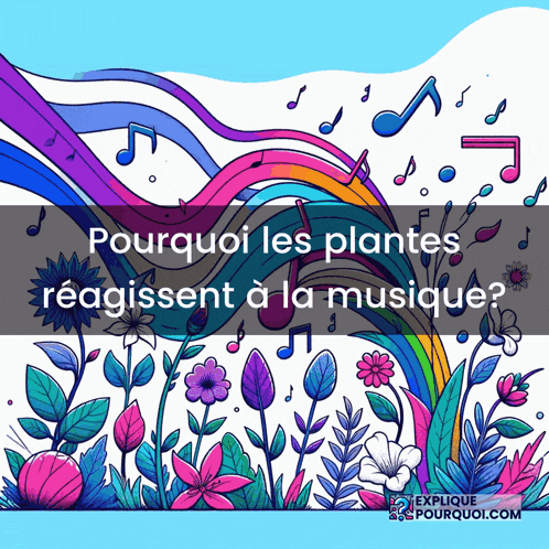 a colorful illustration of flowers and music notes with the words " pourquoi les plantes reagissent a la musique "