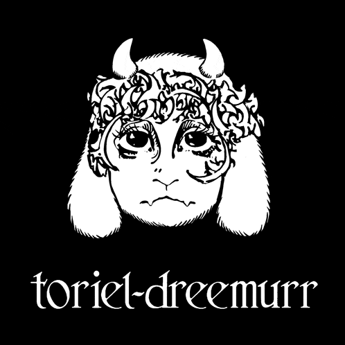 a black and white drawing of a sheep with horns and the name toriel-dreemurr below it