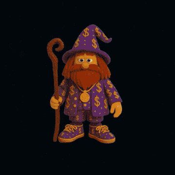 a cartoon character with a beard is wearing a purple wizard hat and holding a cane