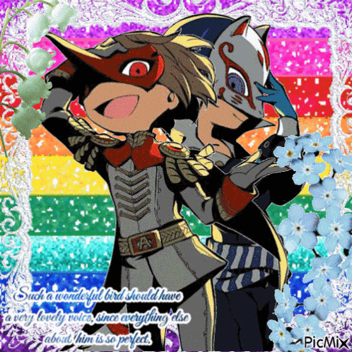 a picture of two anime characters with a rainbow background