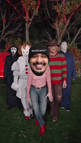 a group of people dressed in halloween costumes with a man wearing a multivers hat