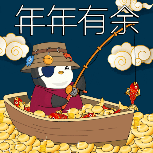 a cartoon of a penguin fishing in a boat full of gold