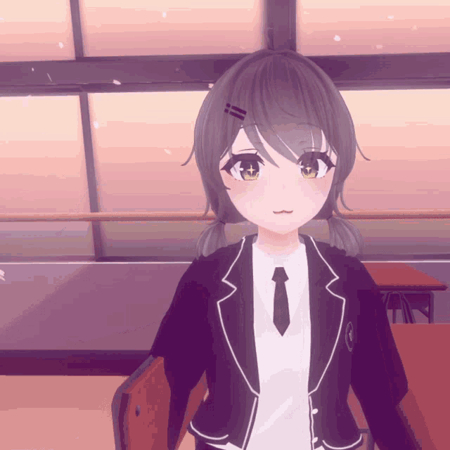 a girl with pigtails is wearing a school uniform and tie