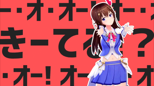 a girl in a blue dress is standing in front of a red background with chinese writing