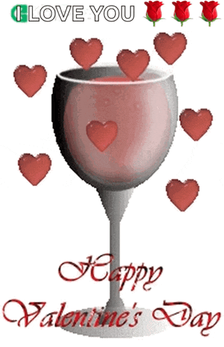 a valentine 's day card with a wine glass surrounded by hearts and roses