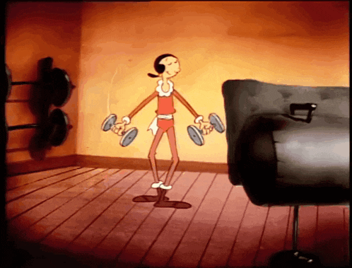 a cartoon character holding dumbbells in a gym