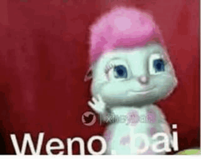 a barbie doll with pink hair is standing in front of a red curtain .