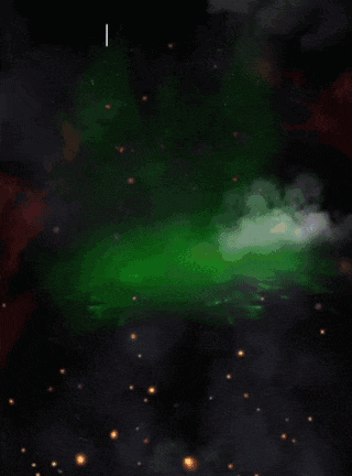 a green glowing object is surrounded by red yellow and white