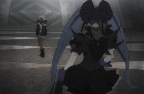 a woman with a gun is standing next to a woman with long blue hair