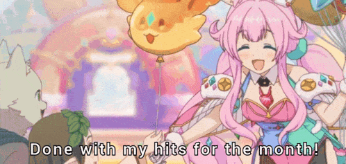 a girl with pink hair is holding a balloon with the words done with my hits for the month below her