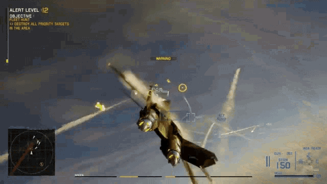 a fighter jet is flying through the air with the alert level 12 on the screen
