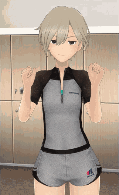 a girl in a gray shirt and shorts with the letters tl on the shorts