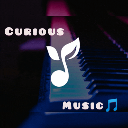 a poster for curious music shows a piano keyboard