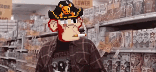 a pixelated monkey is smoking a cigarette in a store aisle