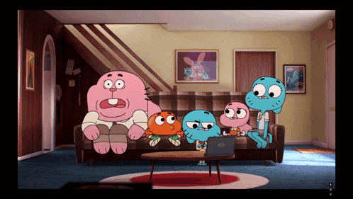 a group of cartoon characters are sitting on a couch in a living room