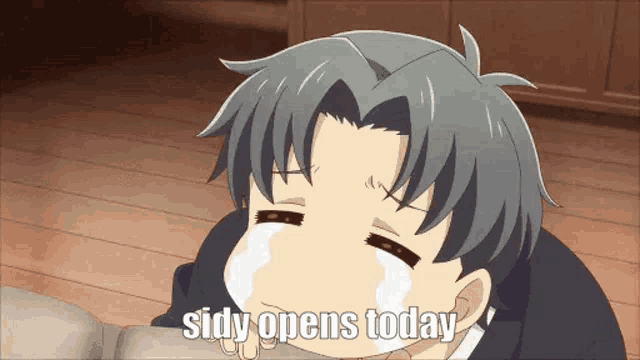 a cartoon character is crying with the words sidly opens today written below him