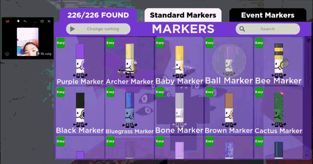 a computer screen shows a list of markers including purple marker archer marker baby marker ball marker bee marker and black marker bluegrass marker