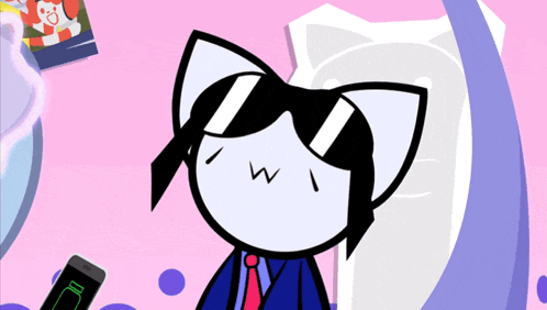 a cartoon cat wearing sunglasses and a tie is holding a cell phone