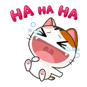 a cartoon cat is laughing and crying with the words `` ha ha ha '' above it .