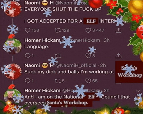 a screen shot of a twitter conversation between naomi and homer hickam with christmas decorations