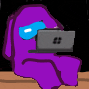 a purple among us character is sitting at a table with a laptop .