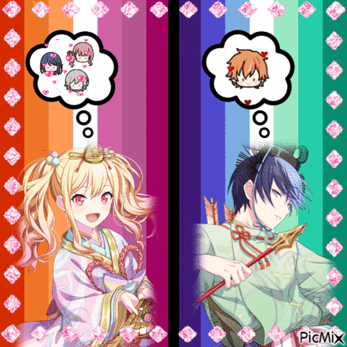 a girl and a boy are standing next to each other with speech bubbles above their heads ..