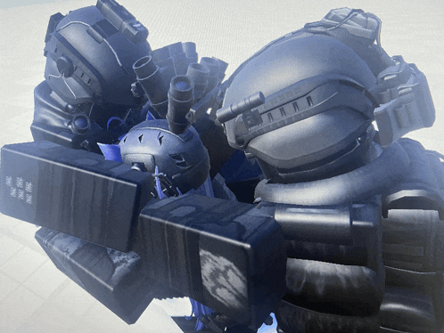 a robot with a helmet and a few boxes on its back