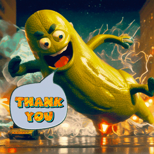 a cartoon character with a thank you speech bubble
