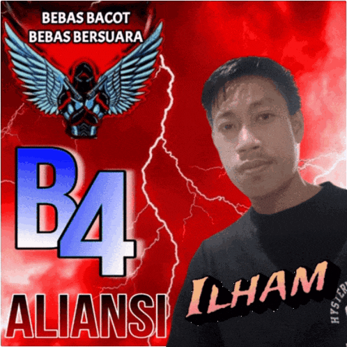 a man stands in front of a red background that says bebas bacot bebas bersuara