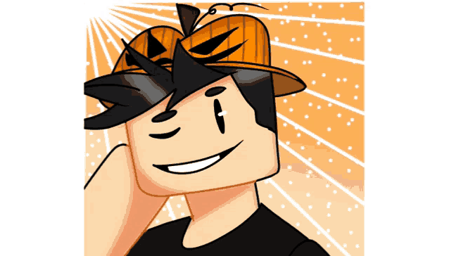 a cartoon character wearing a pumpkin hat and a black shirt