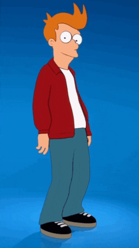 fry from futurama is standing on a blue surface