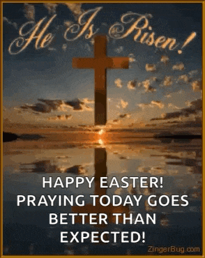 a happy easter greeting card with a cross in the water