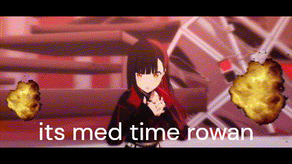 a cartoon girl is standing in front of two explosions with the words `` its med time rowan '' written on the bottom .