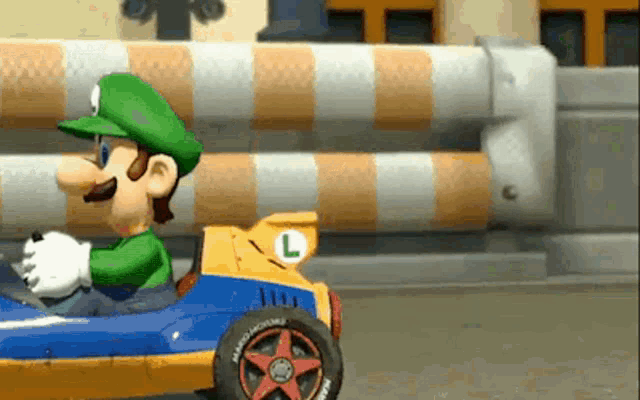a cartoon character is driving a race car on a track .