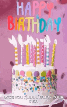 a birthday cake with candles and sprinkles on it is on a plate on a table .