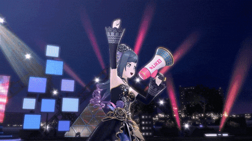 a girl in a black dress is holding a megaphone that says like