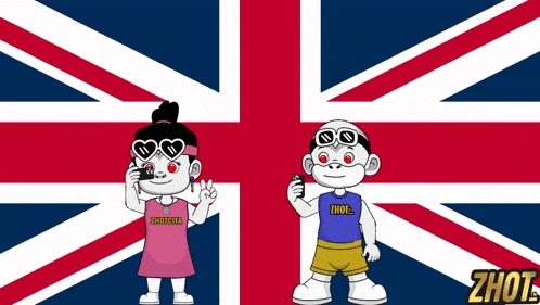 a boy and a girl standing in front of a british flag with zhot written on the bottom