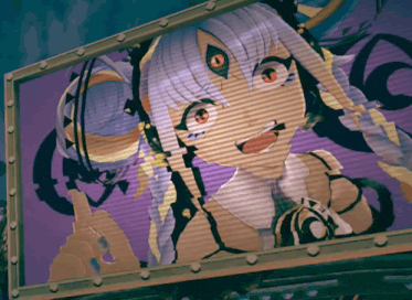 a picture of a girl with purple hair and red eyes is on a wall