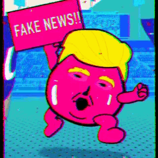 a cartoon donald trump holding a sign that says fake news