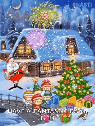 santa claus is standing in front of a house with a christmas tree and presents .