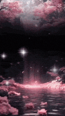 a waterfall with pink flowers falling into the water at night