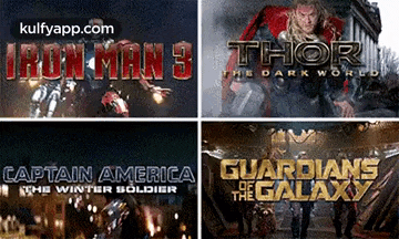 a collage of four movies including iron man 3 thor the dark world captain america and guardians of the galaxy