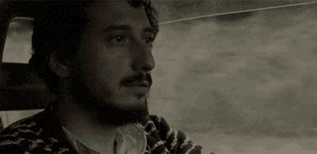 a man with a beard is sitting in a car