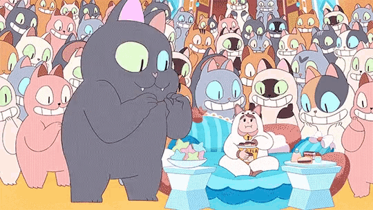 a bunch of cartoon cats are standing around a table with a person sitting on a bed .